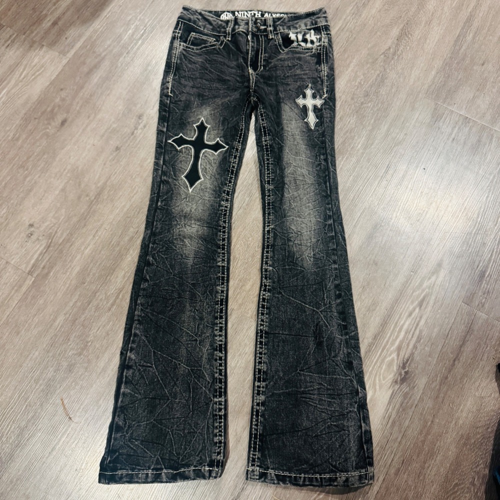Ninth Hall Alyssia Black Acid Wash Cross Flare Jeans Low Rise Size 2 Zumiez